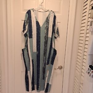 Striped V-Neck Dress in Blue and White